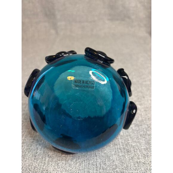 Hand Blown Sapphire Blue Mexican Art Glass Votive Bowl with Glass Medallions - Picture 4 of 5